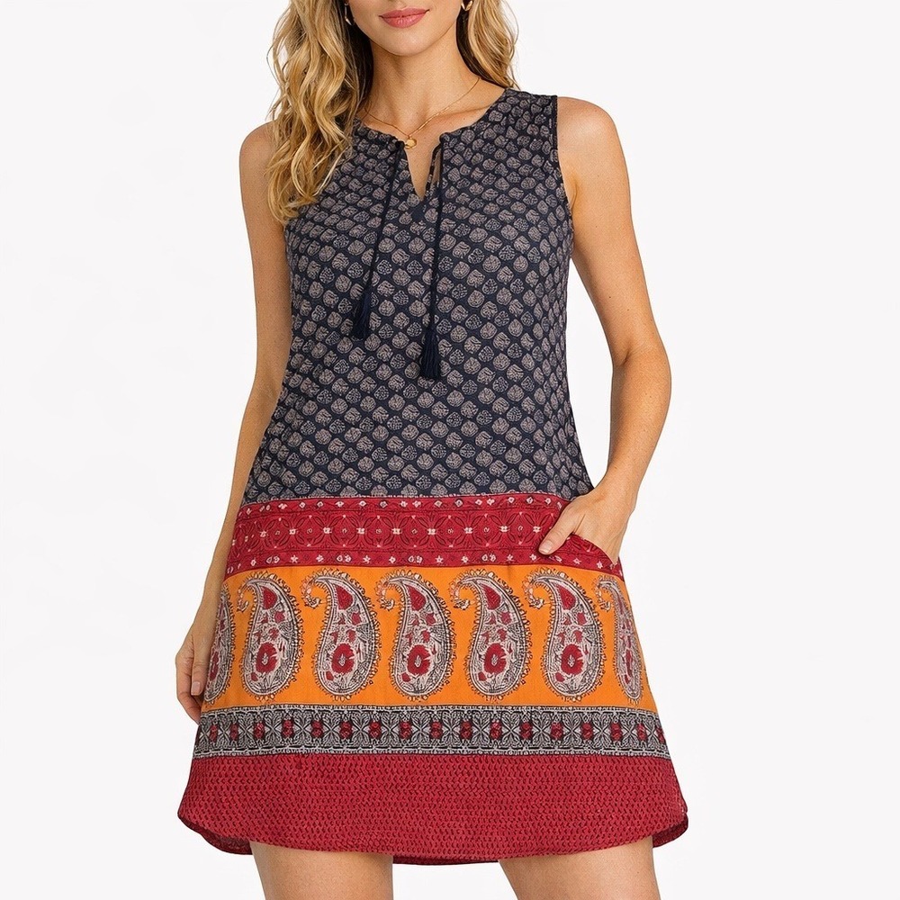 Beach Lunch Lounge Collection Women's Blue Paisley Print Short Dress Size M